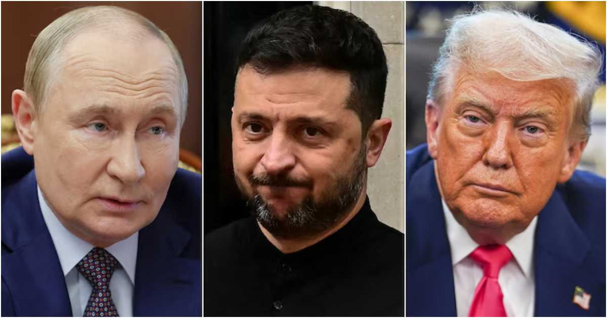 রাশিয়ার প্রেসিডেন্ট ভ্লাদিমির পুতিন, ইউক্রেনের প্রেসিডেন্ট ভলোদিমির জেলেন্সকি ও প্রেসিডেন্ট ডনাল্ড ট্রাম্প। কোলাজ: এবিসি নিউজ